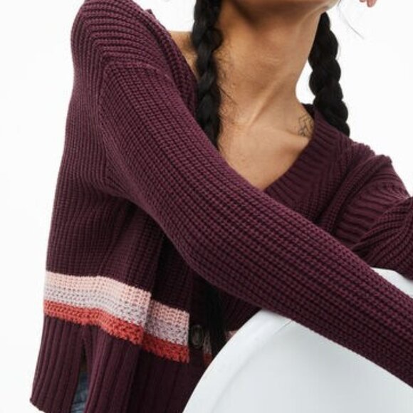 AEROPOSTALE Cropped Chunky Knit Maroon Striped Ribbed Cardigan Womens XS - Picture 5 of 13